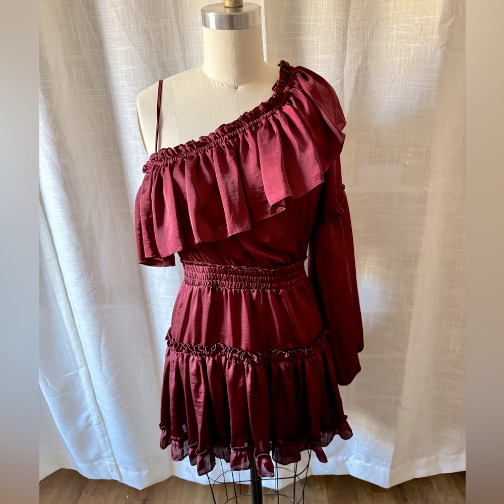 MISA 1 SHOULDER RUFFLE SILK LIKE DRESS